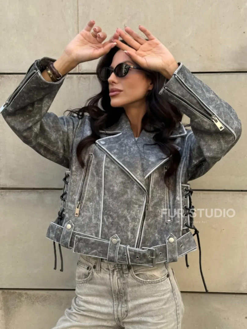 Косуха из натуральной кожи Vintage со шнуровкой - цвет серый - фото 13