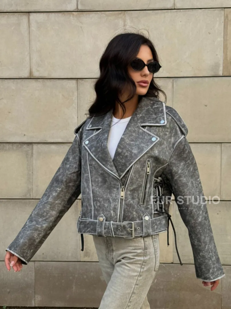 Косуха из натуральной кожи Vintage со шнуровкой - цвет серый - фото 14