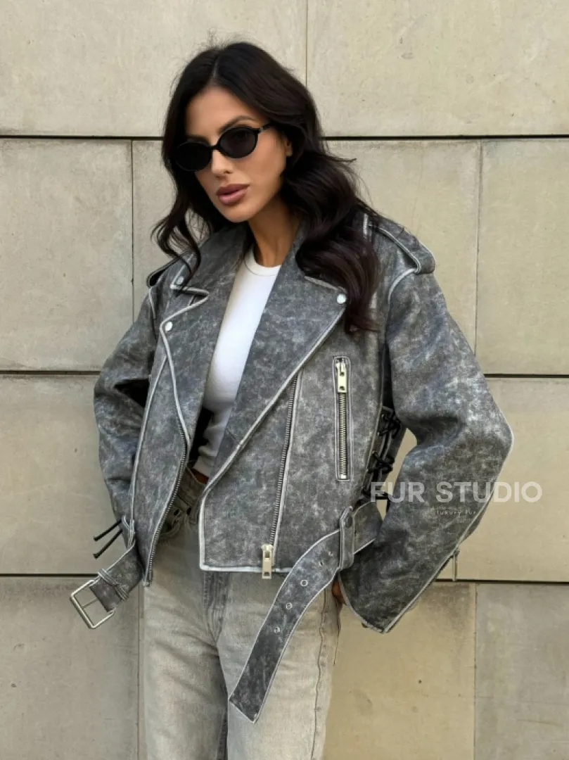 Косуха из натуральной кожи Vintage со шнуровкой - цвет серый - фото 11