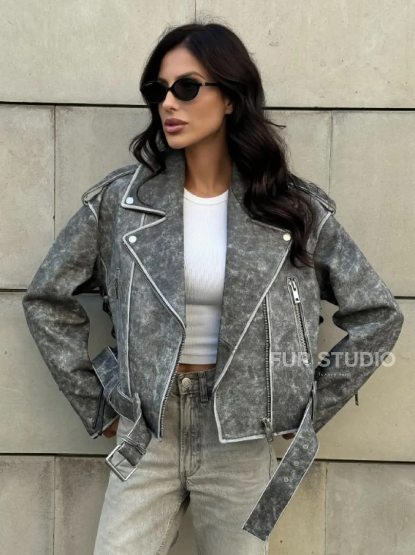 Косуха из натуральной кожи Vintage со шнуровкой - цвет серый - фото 0