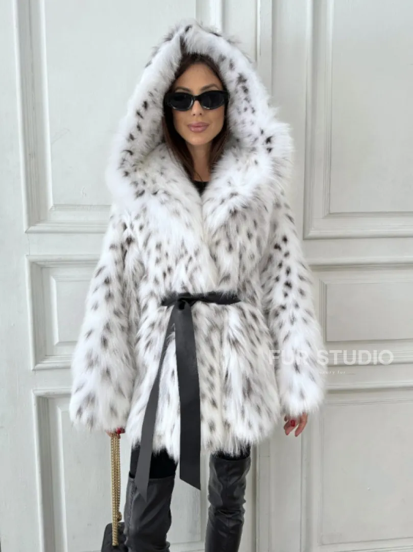 Шуба - белая лиса с вшитыми пятнами из рыси PREMIUM качество - фото 3