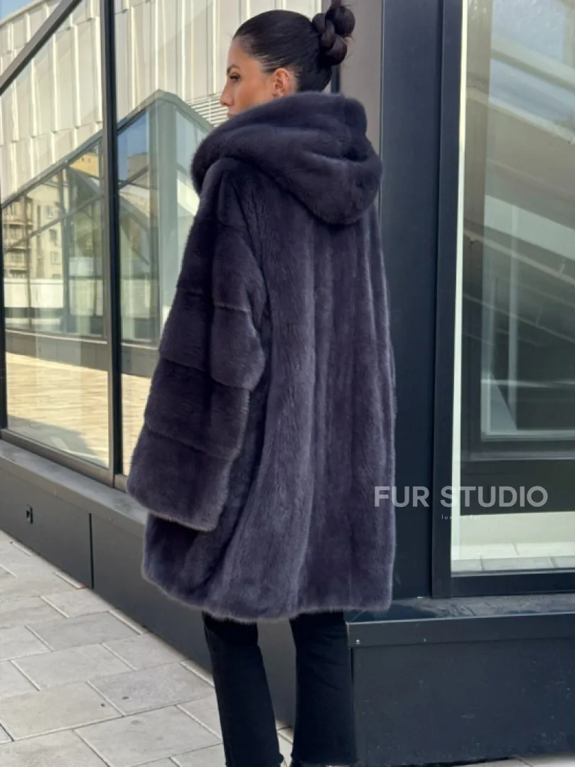 Норковая шуба с капюшоном,  роспуск - темный графит - фото 2