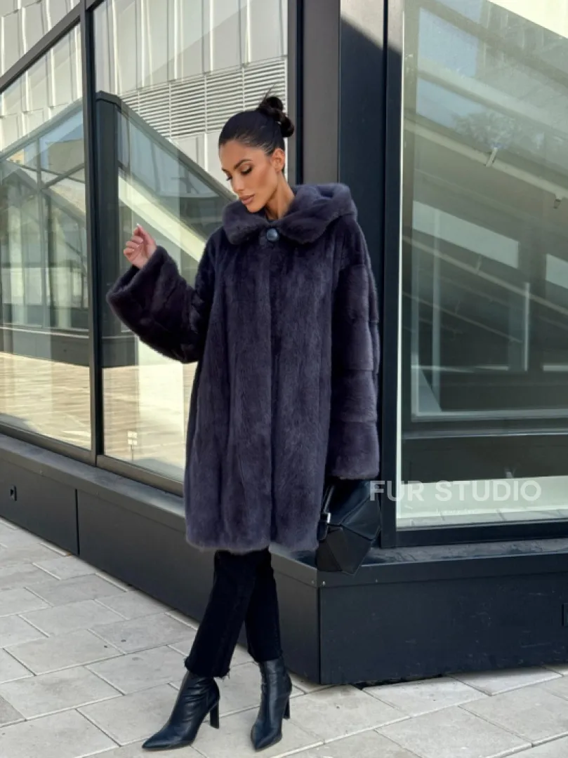 Норковая шуба с капюшоном,  роспуск - темный графит - фото 12