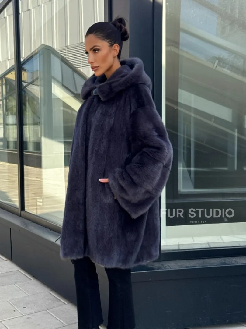 Норковая шуба с капюшоном,  роспуск - темный графит - фото 3