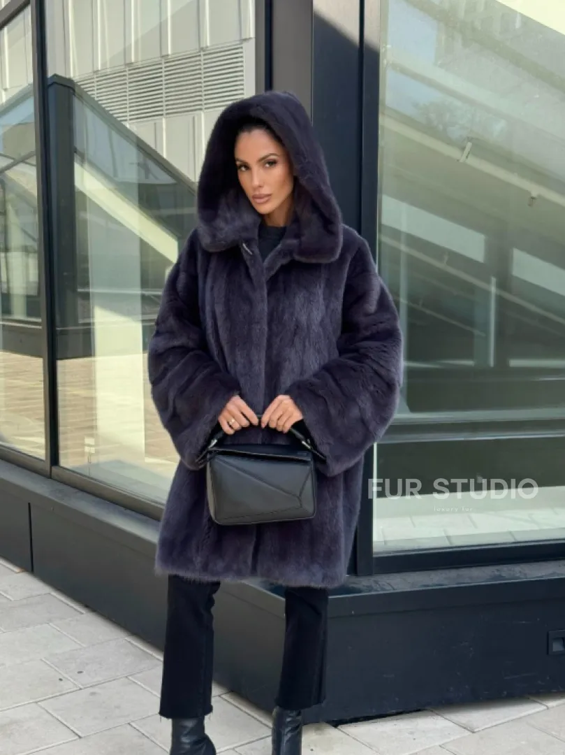 Норковая шуба с капюшоном,  роспуск - темный графит - фото 10