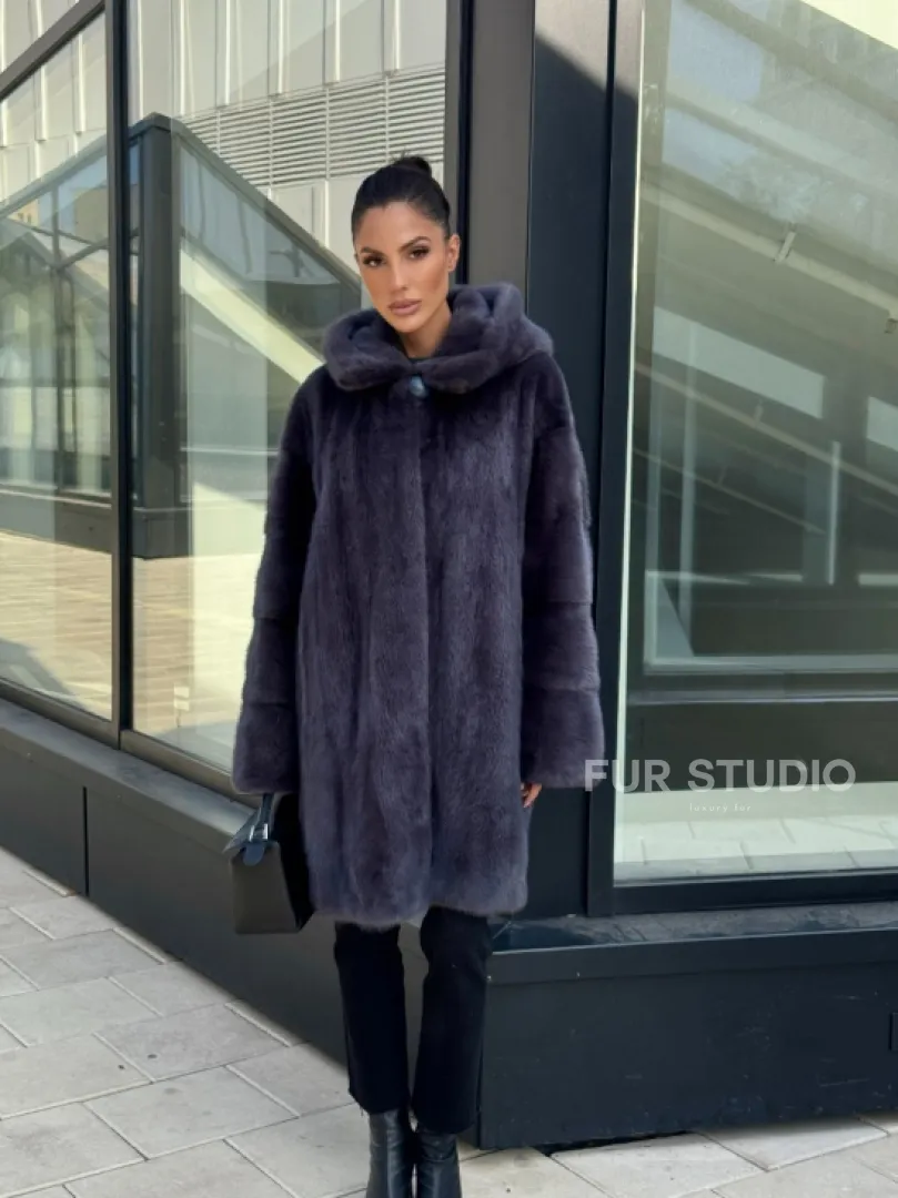 Норковая шуба с капюшоном,  роспуск - темный графит - фото 13