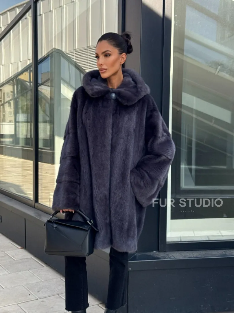 Норковая шуба с капюшоном,  роспуск - темный графит - фото 8