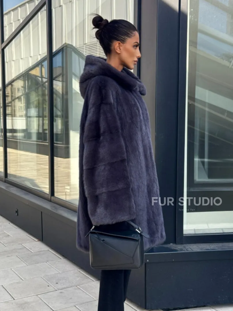 Норковая шуба с капюшоном,  роспуск - темный графит - фото 4