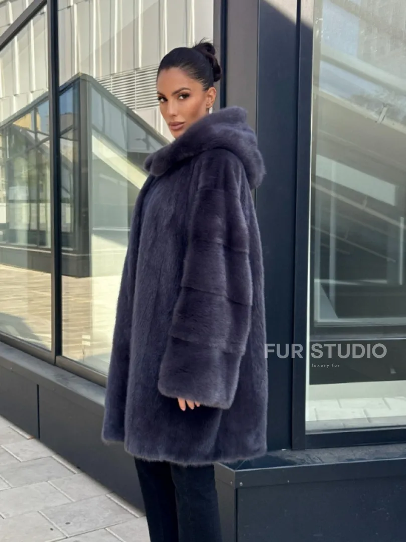 Норковая шуба с капюшоном,  роспуск - темный графит - фото 5