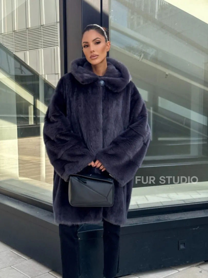 Норковая шуба с капюшоном,  роспуск - темный графит - фото 6