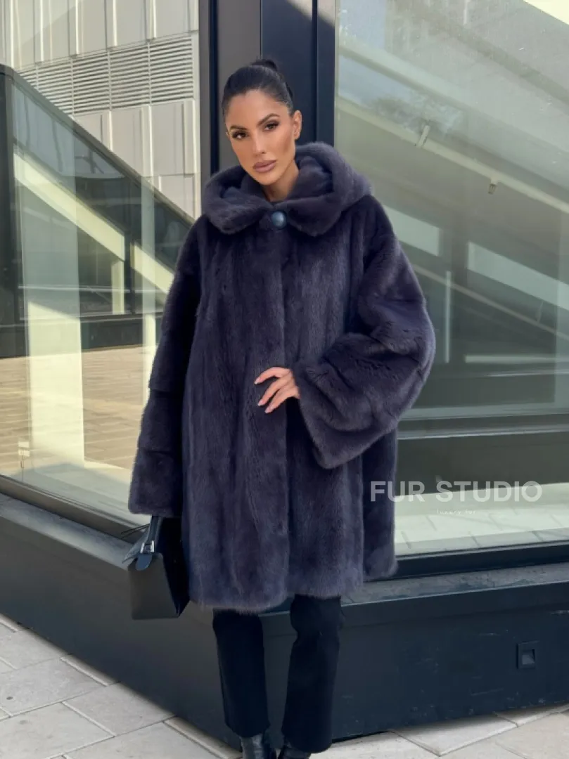 Норковая шуба с капюшоном,  роспуск - темный графит - фото 7