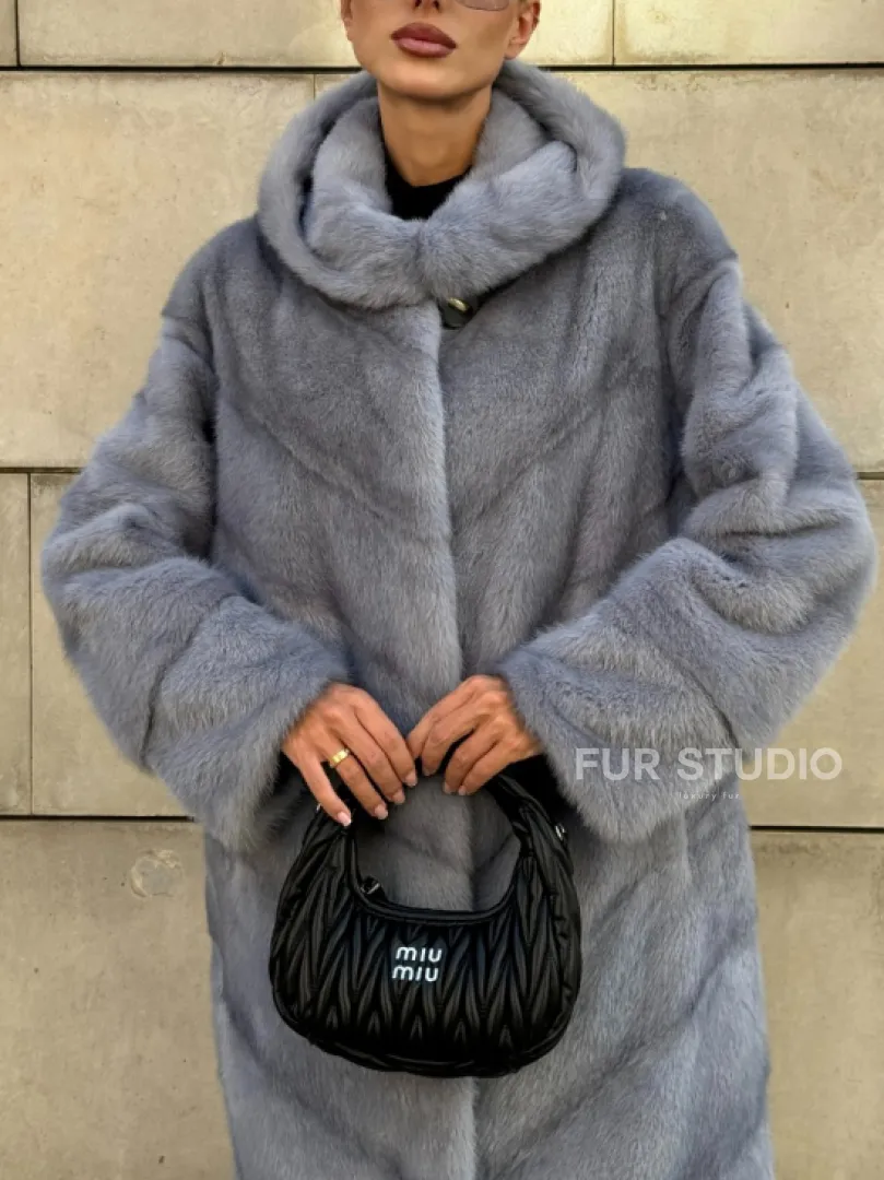 Шуба midi из меха норки с капюшоном, рукава трансформер - фото 3