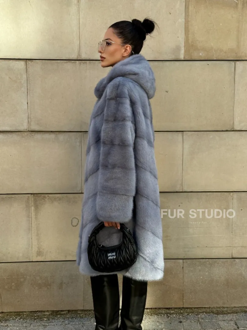 Шуба midi из меха норки с капюшоном, рукава трансформер - фото 12