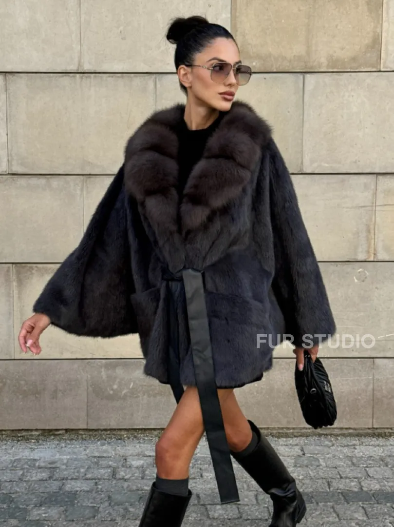 Летучая мышь из меха норки с воротником из куницы - цвет темный графит - фото 8