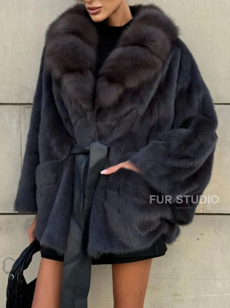 Летучая мышь из меха норки с воротником из куницы - цвет темный графит - фото 2