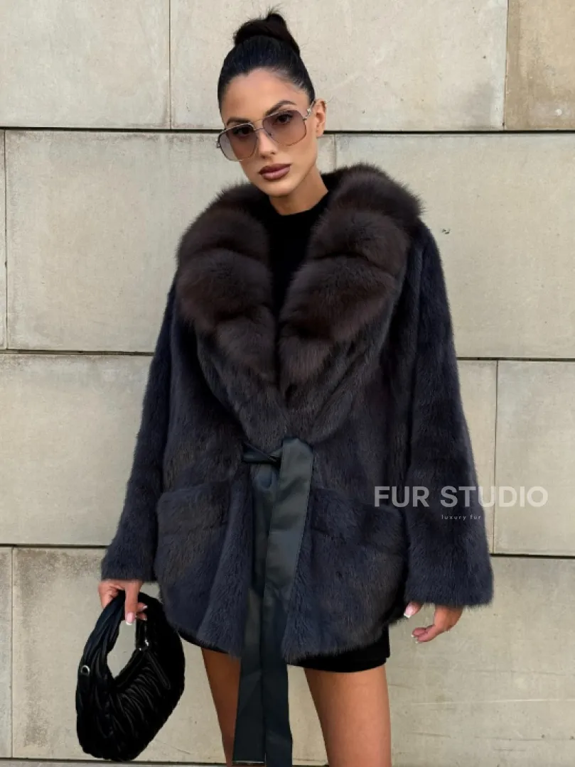 Летучая мышь из меха норки с воротником из куницы - цвет темный графит - фото 7