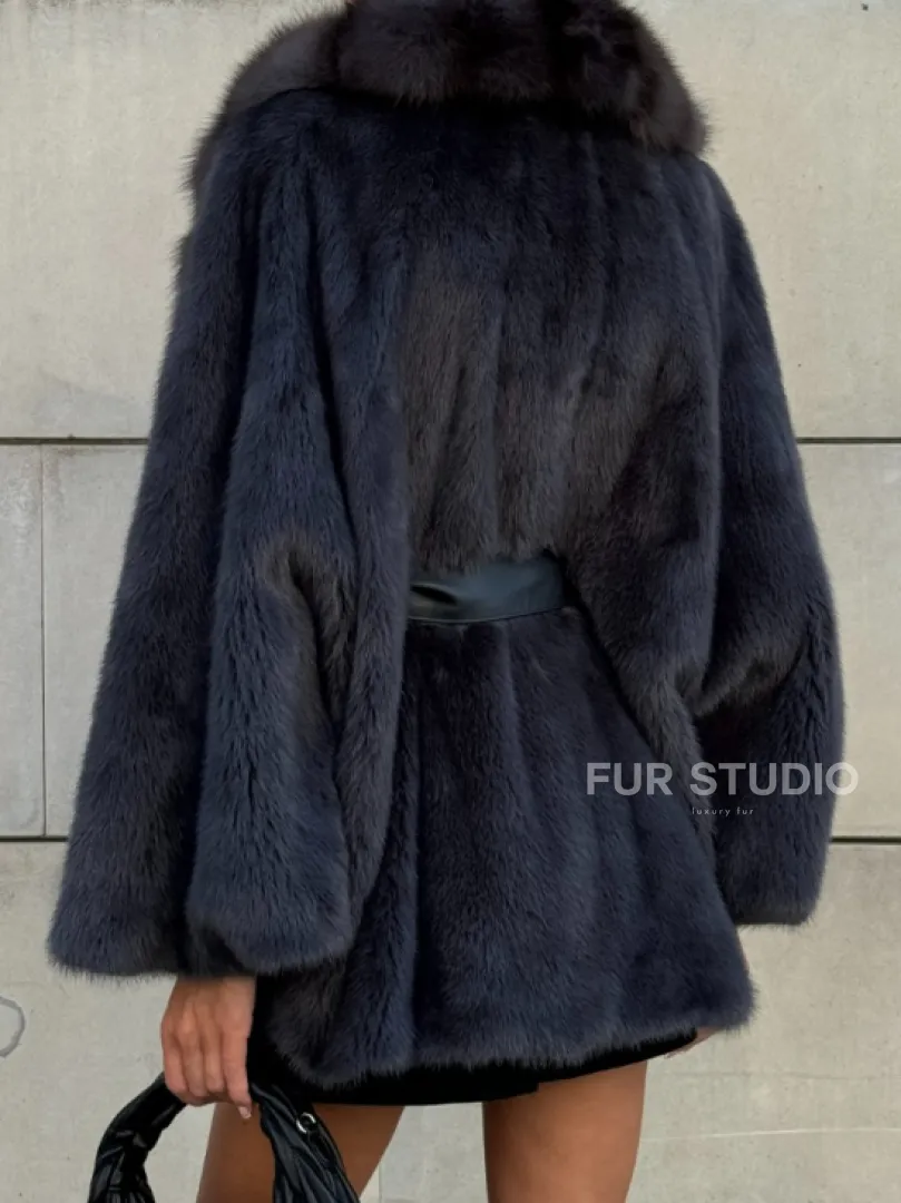 Летучая мышь из меха норки с воротником из куницы - цвет темный графит - фото 1