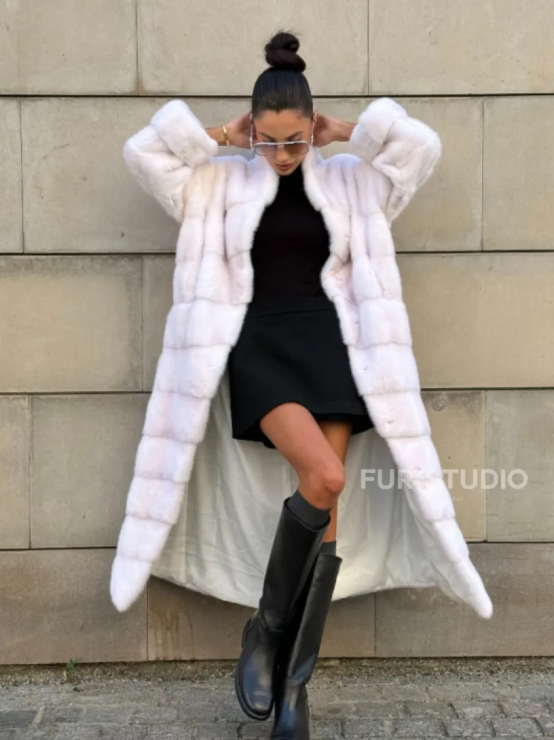 Норковая шуба с поясом, стойка воротник - цвет колотый лед - фото 13