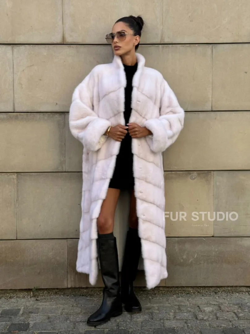 Норковая шуба с поясом, стойка воротник - цвет колотый лед - фото 11