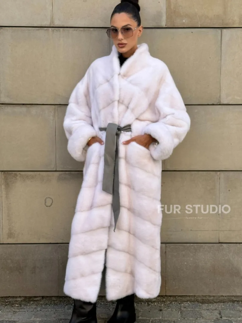 Норковая шуба с поясом, стойка воротник - цвет колотый лед - фото 0