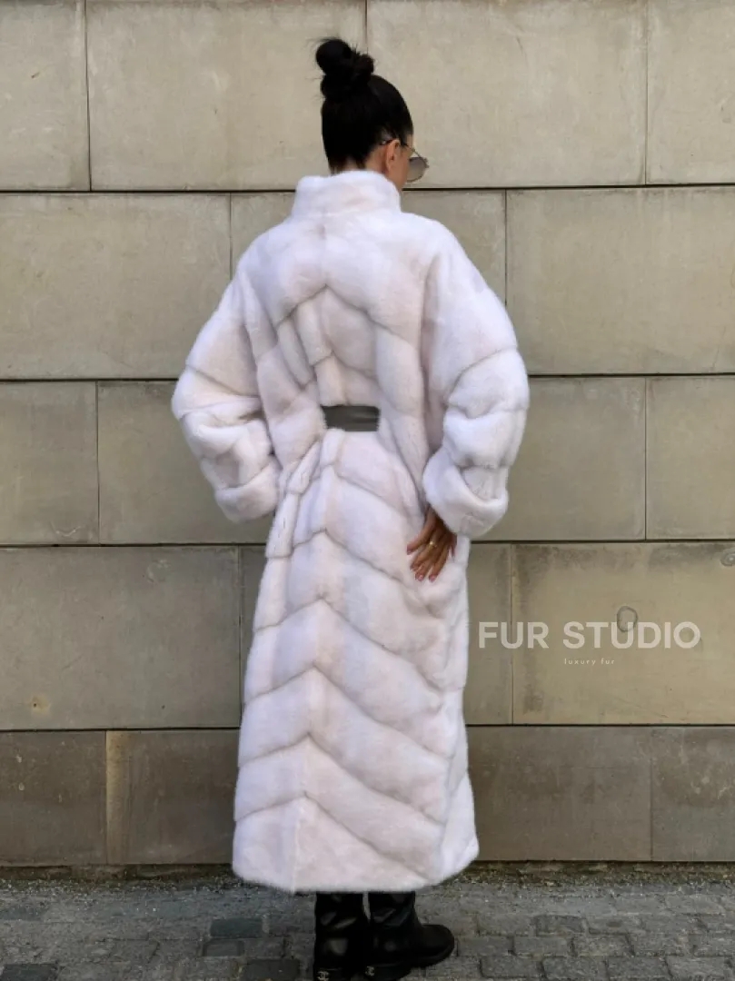Норковая шуба с поясом, стойка воротник - цвет колотый лед - фото 12