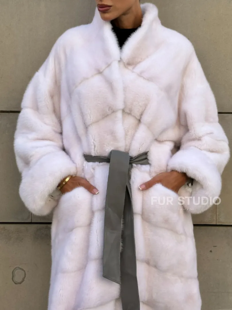 Норковая шуба с поясом, стойка воротник - цвет колотый лед - фото 5