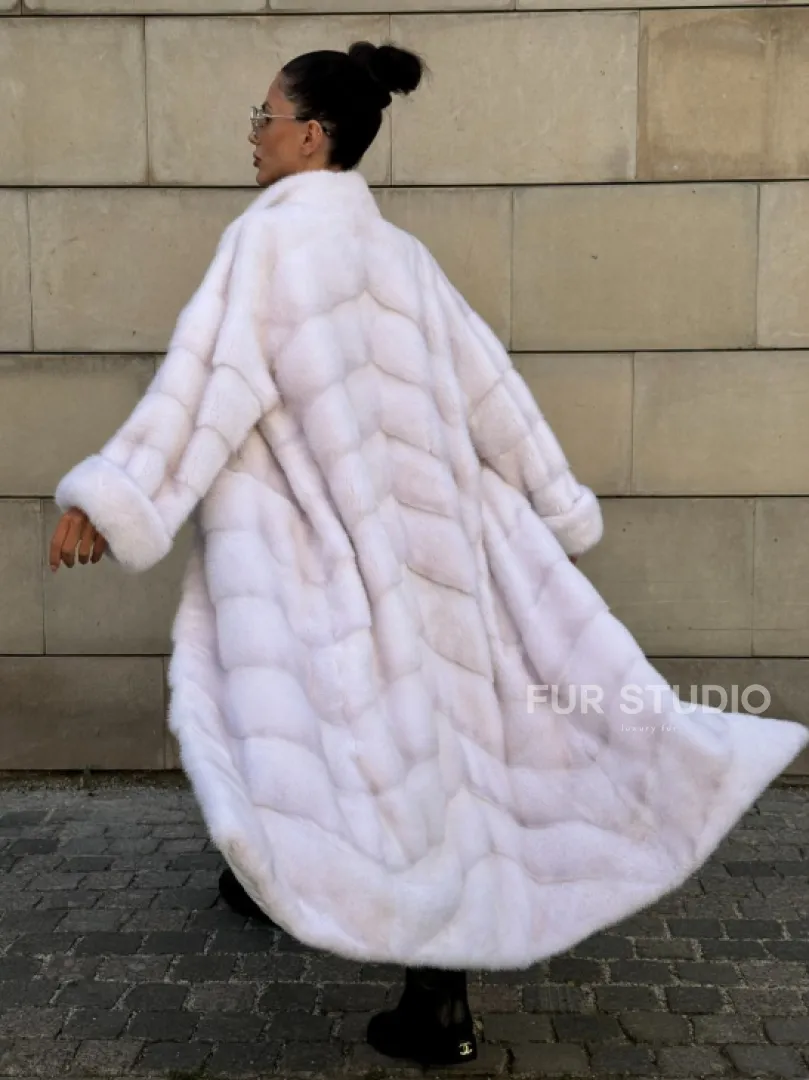 Норковая шуба с поясом, стойка воротник - цвет колотый лед - фото 9