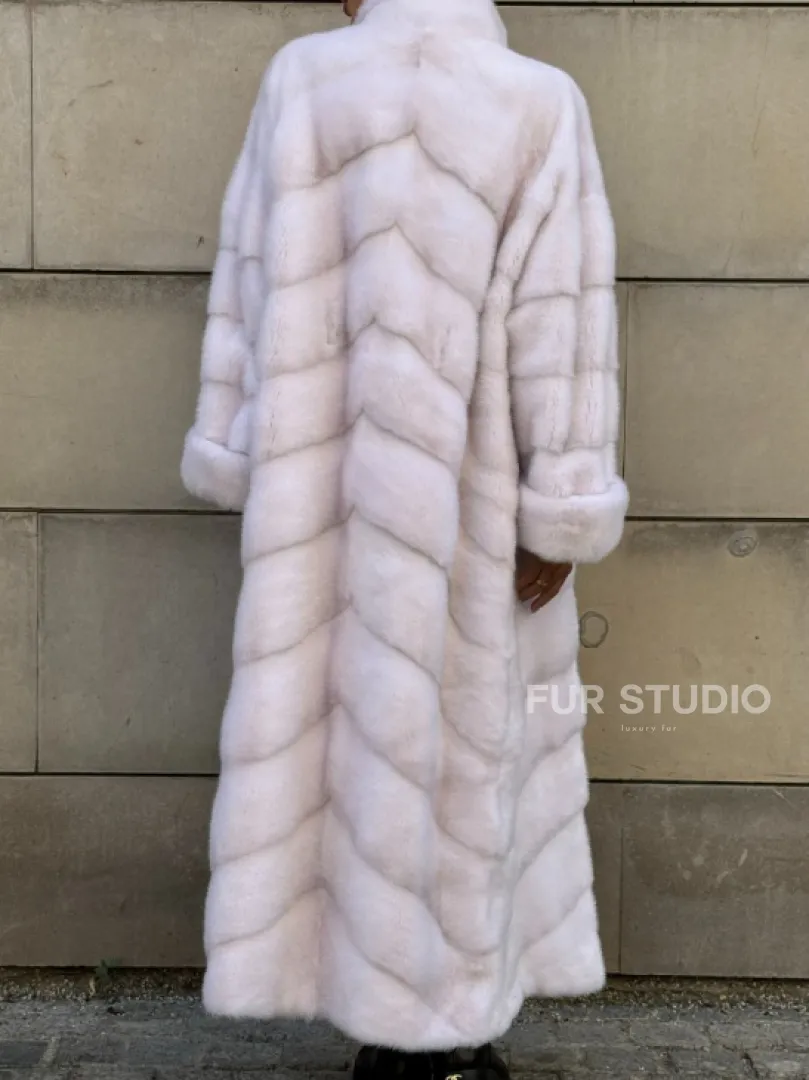 Норковая шуба с поясом, стойка воротник - цвет колотый лед - фото 6