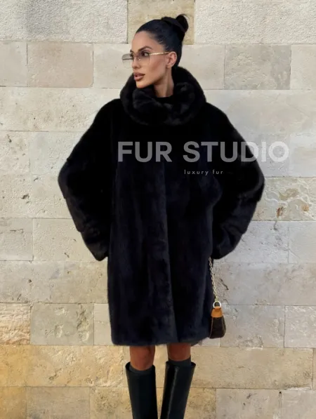 Шуба из аукционной норки с капюшоном роспуск - цвет уголь - фото 13