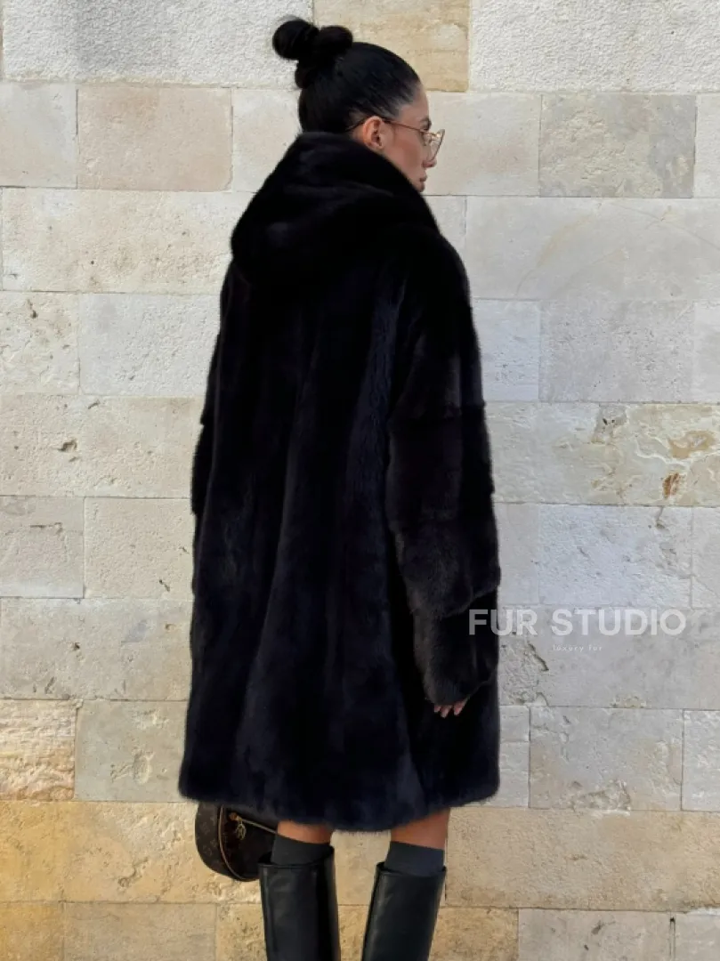 Шуба из аукционной норки с капюшоном роспуск - цвет уголь - фото 12