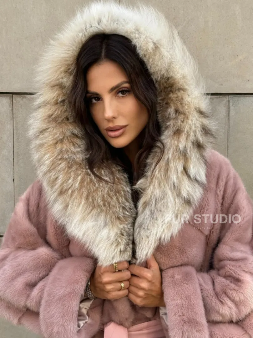 Шуба из натурального меха норки с капюшоном из рыси - цвет пудра - фото 7