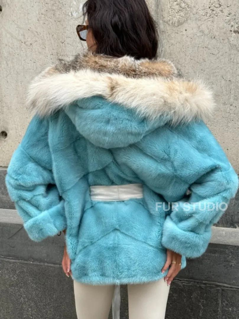 Шуба автоледи из норки с капюшоном из меха рыси - цвет Tiffany