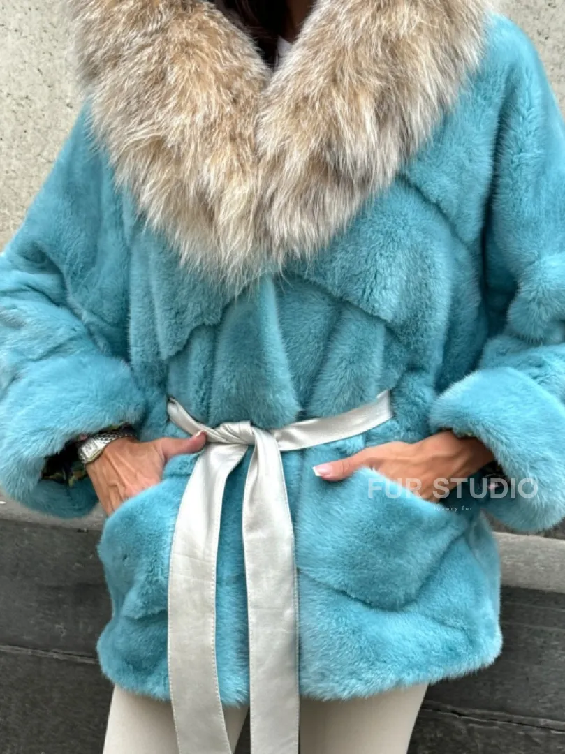 Шуба автоледи из норки с капюшоном из меха рыси - цвет Tiffany