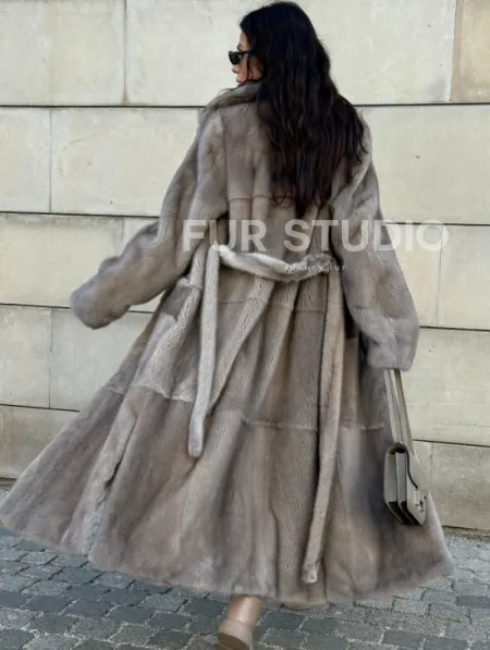 Норковая шуба цельный мех с поясом Luxury Line - цвет silver - фото 0