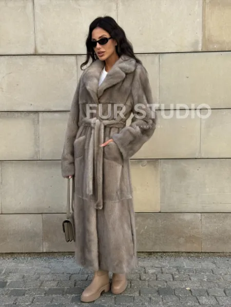 Норковая шуба цельный мех с поясом Luxury Line - цвет silver - фото 13