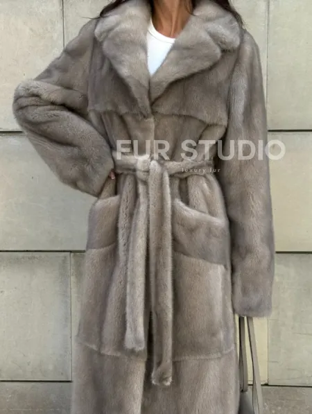 Норковая шуба цельный мех с поясом Luxury Line - цвет silver - фото 5