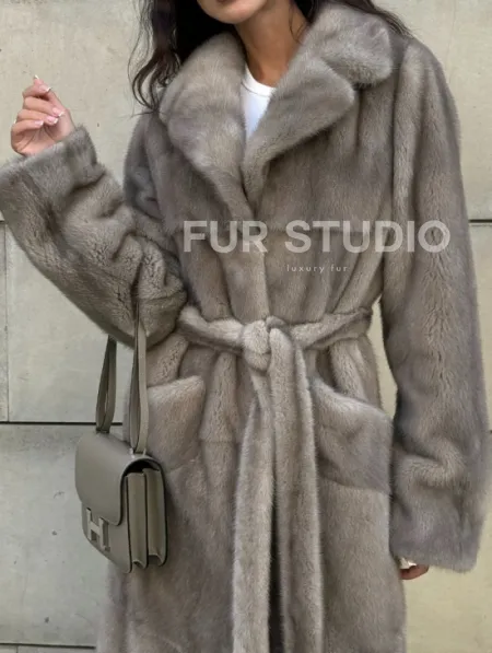 Норковая шуба цельный мех с поясом Luxury Line - цвет silver - фото 3