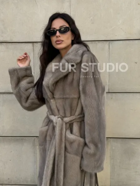 Норковая шуба цельный мех с поясом Luxury Line - цвет silver - фото 12