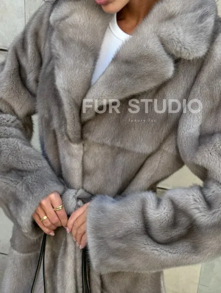 Норковая шуба цельный мех с поясом Luxury Line - цвет silver - фото 1