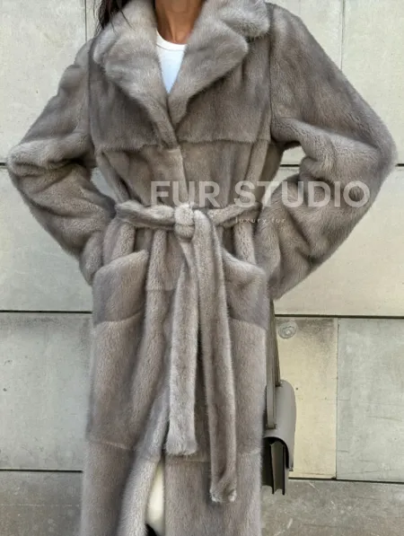 Норковая шуба цельный мех с поясом Luxury Line - цвет silver - фото 6