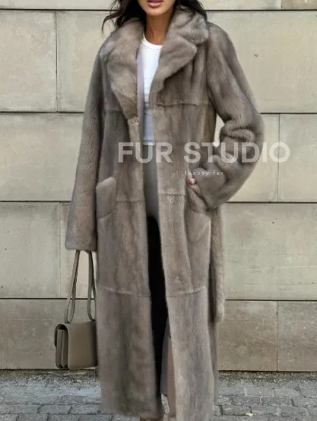 Норковая шуба цельный мех с поясом Luxury Line - цвет silver - фото 9