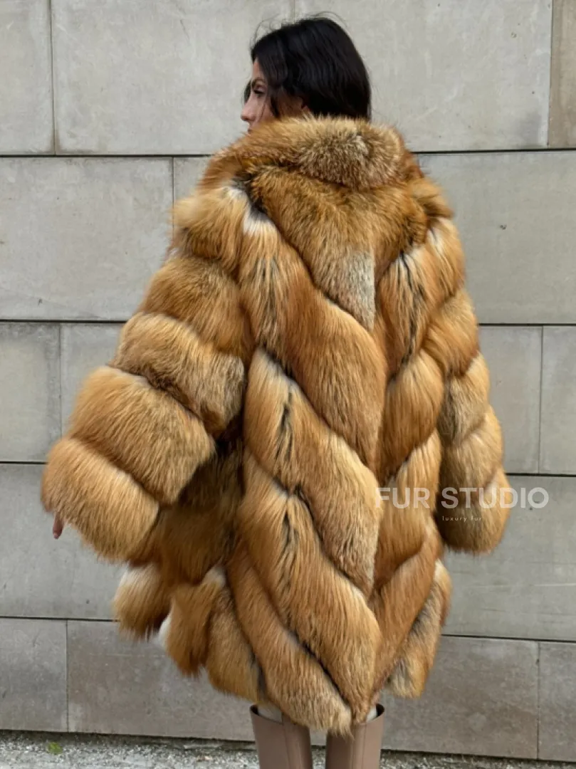 Vintage шуба диагональ из меха лисы Gold Fox, английский воротник
