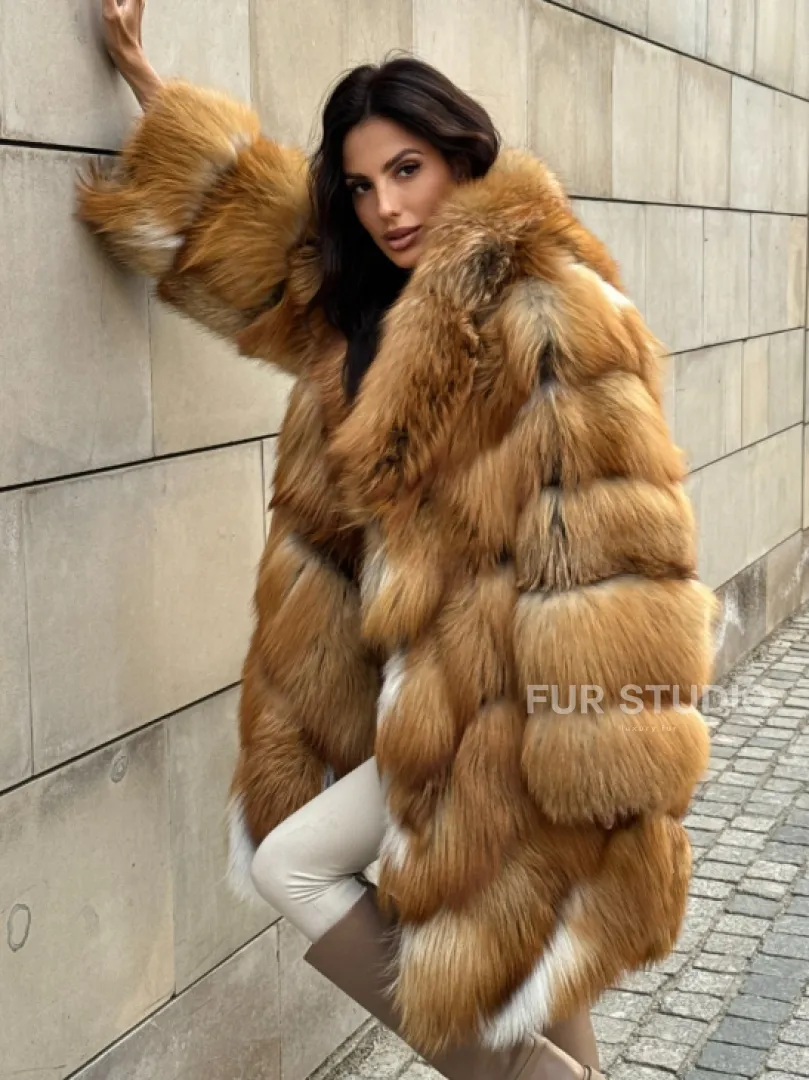 Vintage шуба диагональ из меха лисы Gold Fox, английский воротник