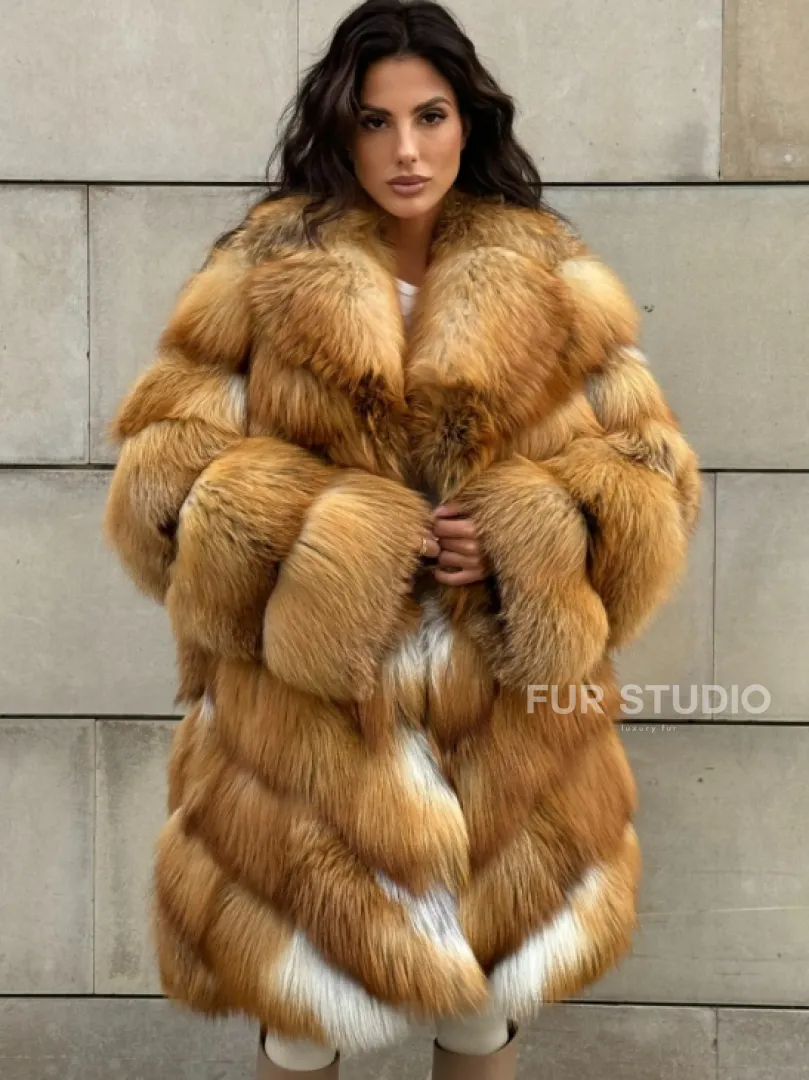 Vintage шуба диагональ из меха лисы Gold Fox, английский воротник