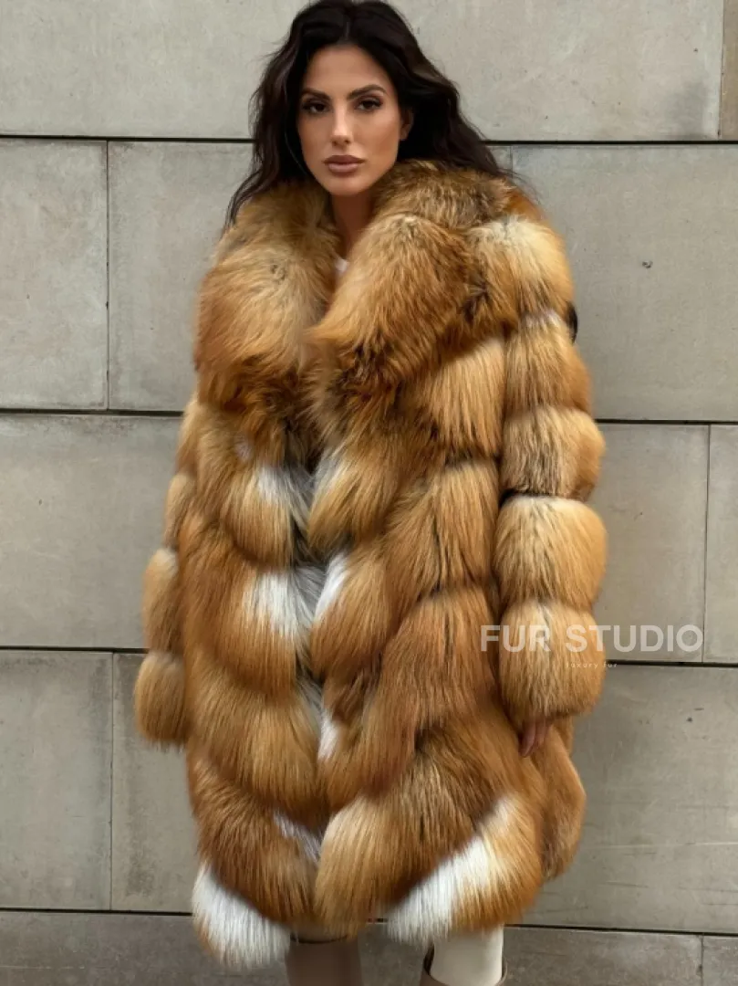 Vintage шуба диагональ из меха лисы Gold Fox, английский воротник
