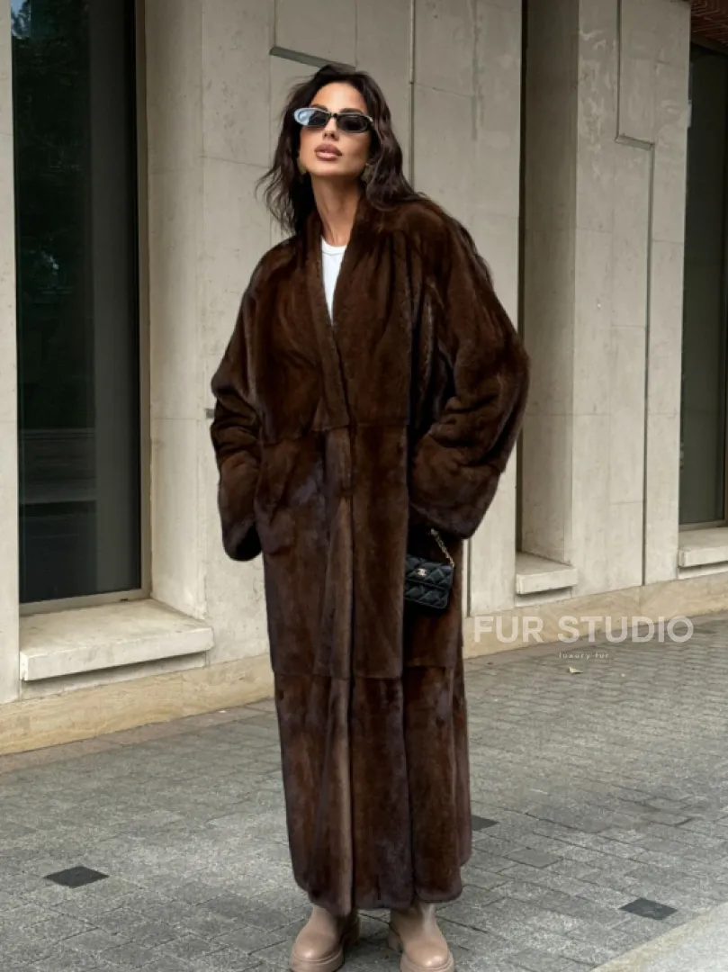 Длинная шуба ВИНТАЖ из меха скандинавской норки без воротника - фото 4