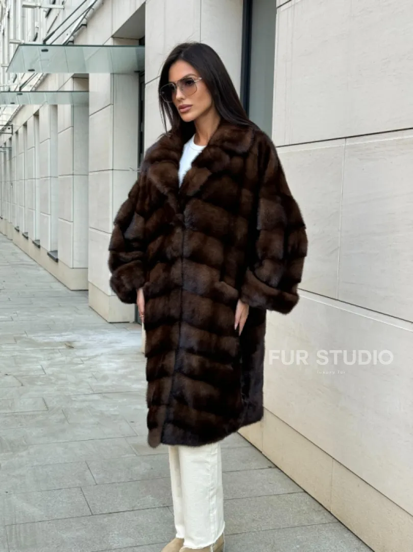 Шуба из меха соболиной норки английский воротник - цвет соболь - фото 6