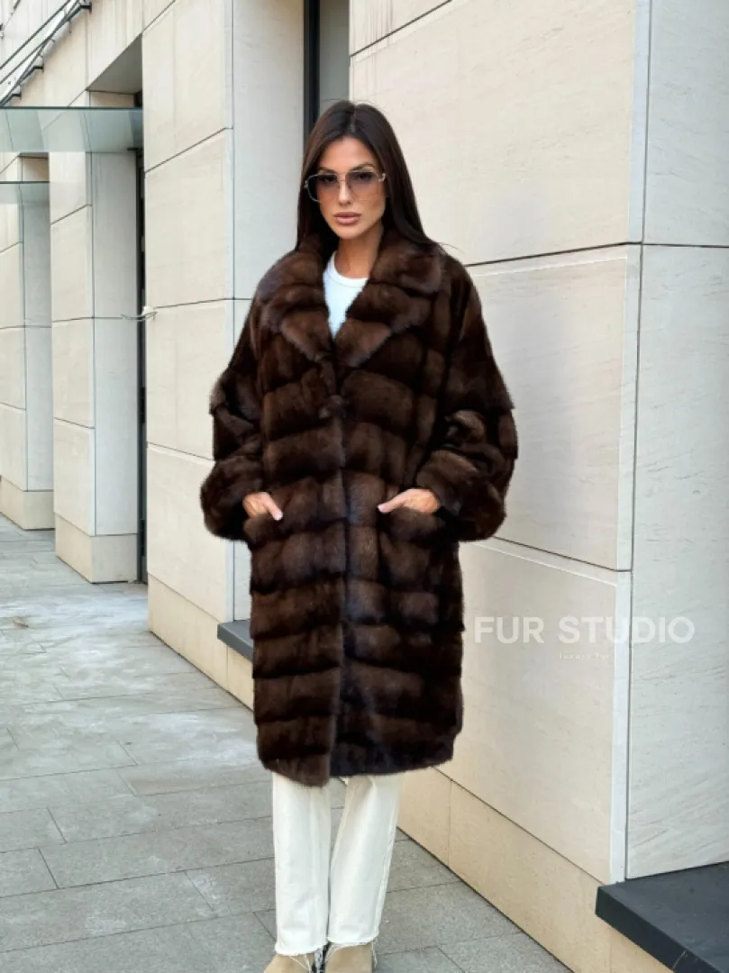 Шуба из меха соболиной норки английский воротник - цвет соболь - фото 7