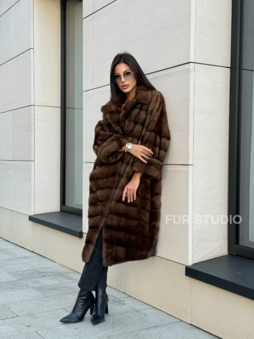 Шуба натуральная из меха норки английский воротник - цвет соболь - фото 12