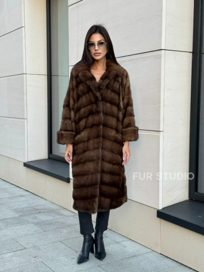 Шуба натуральная из меха норки английский воротник - цвет соболь - фото 9